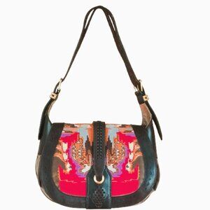 Cole Haan Madelyn Tapestry Saddlebag Black Leather Pleated Gray Velvet